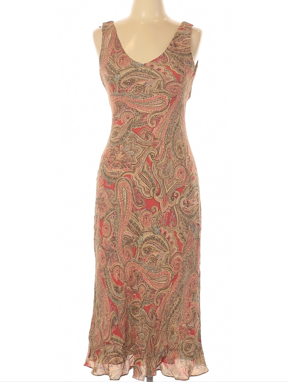 Jones New York 100% Silk Paisley Midi V Neck Dress in Coral and Beige Size 10